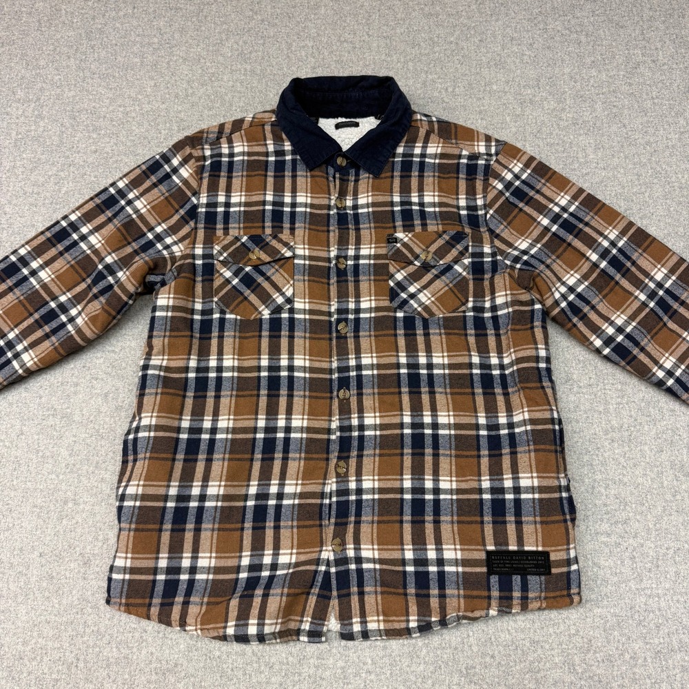 Buffalo David Bitton Flannel Shirt Jacket Large Brown Plaid Shearling Lined Coat